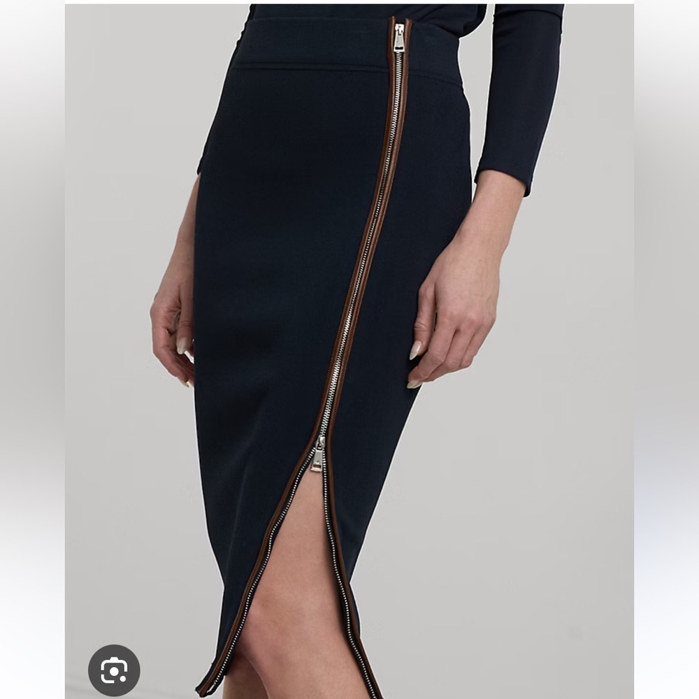Lauren Ralph Lauren Dark Blue Denim Pencil Skirt with Brown Leather Trim
